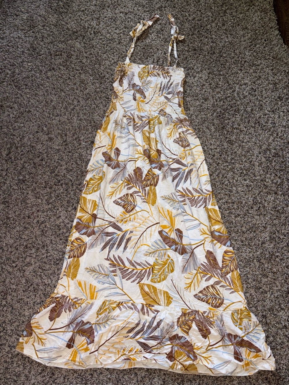 White Tropical Leaf Tie-Strap Maxi Dress